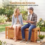 Costway Set di panca da giardino e 3 contenitori in legno massello con coperchio e maniglia, Panchina a 2 posti con baule multiuso deposito sotto seduta - immagine 11