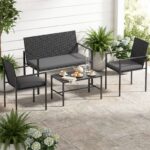 Costway Set di salotto da giardino a 4 pezzi in rattan con tavolino da caffè in vetro temperato, Poltrone da esterno per patio cortile Grigio - immagine 3