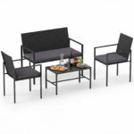 Costway Set di salotto da giardino a 4 pezzi in rattan con tavolino da caffè in vetro temperato, Poltrone da esterno per patio cortile Grigio
