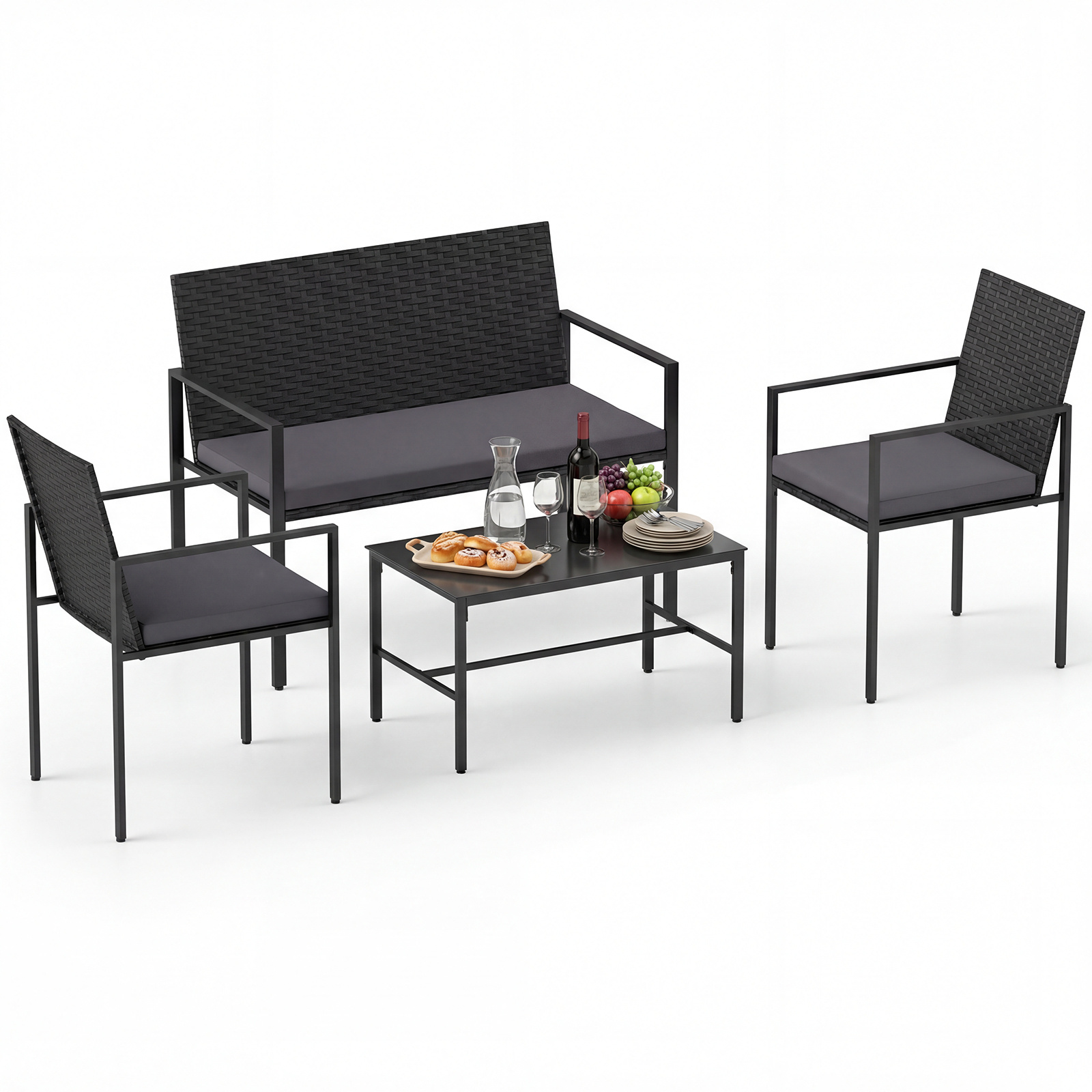Set-di-salotto-da-giardino-a-4-pezzi-in-rattan-con-tavolino-da-caff-in-vetro-temperato-mediaId103784180-1773888979.jpg Costway Set di salotto da giardino a 4 pezzi in rattan con tavolino da caffè in vetro temperato, Poltrone da esterno per patio cortile Grigio - immagine 1