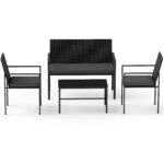 Costway Set di salotto da giardino a 4 pezzi in rattan con tavolino da caffè in vetro temperato, Poltrone da esterno per patio cortile Grigio - immagine 4
