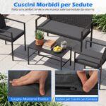 Costway Set di salotto da giardino a 4 pezzi in rattan con tavolino da caffè in vetro temperato, Poltrone da esterno per patio cortile Grigio - immagine 9