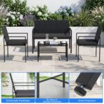 Costway Set di salotto da giardino a 4 pezzi in rattan con tavolino da caffè in vetro temperato, Poltrone da esterno per patio cortile Grigio - immagine 10