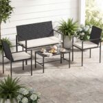 Costway Set di salotto da giardino a 4 pezzi in rattan con tavolino da caffè in vetro temperato, Poltrone da esterno per patio cortile Beige - immagine 3