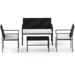 Costway Set di salotto da giardino a 4 pezzi in rattan con tavolino da caffè in vetro temperato, Poltrone da esterno per patio cortile Beige - immagine 4