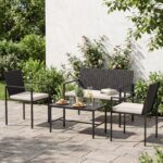 Costway Set di salotto da giardino a 4 pezzi in rattan con tavolino da caffè in vetro temperato, Poltrone da esterno per patio cortile Beige - immagine 2