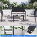 Costway Set di salotto da giardino a 4 pezzi in rattan con tavolino da caffè in vetro temperato, Poltrone da esterno per patio cortile Beige - immagine 10