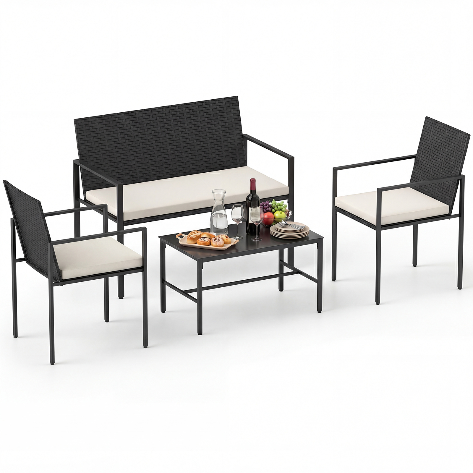 Set-di-salotto-da-giardino-a-4-pezzi-in-rattan-con-tavolino-da-caff-in-vetro-temperato-mediaId103784215-1773888909.jpg Costway Set di salotto da giardino a 4 pezzi in rattan con tavolino da caffè in vetro temperato, Poltrone da esterno per patio cortile Beige - immagine 1