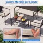 Costway Set di salotto da giardino a 4 pezzi in rattan con tavolino da caffè in vetro temperato, Poltrone da esterno per patio cortile Beige - immagine 9