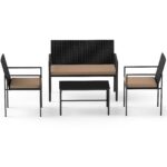 Costway Set di salotto da giardino a 4 pezzi in rattan con tavolino da caffè in vetro temperato, Poltrone da esterno per patio cortile Giallo - immagine 4