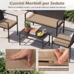 Costway Set di salotto da giardino a 4 pezzi in rattan con tavolino da caffè in vetro temperato, Poltrone da esterno per patio cortile Giallo - immagine 9