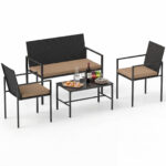 Costway Set di salotto da giardino a 4 pezzi in rattan con tavolino da caffè in vetro temperato, Poltrone da esterno per patio cortile Giallo