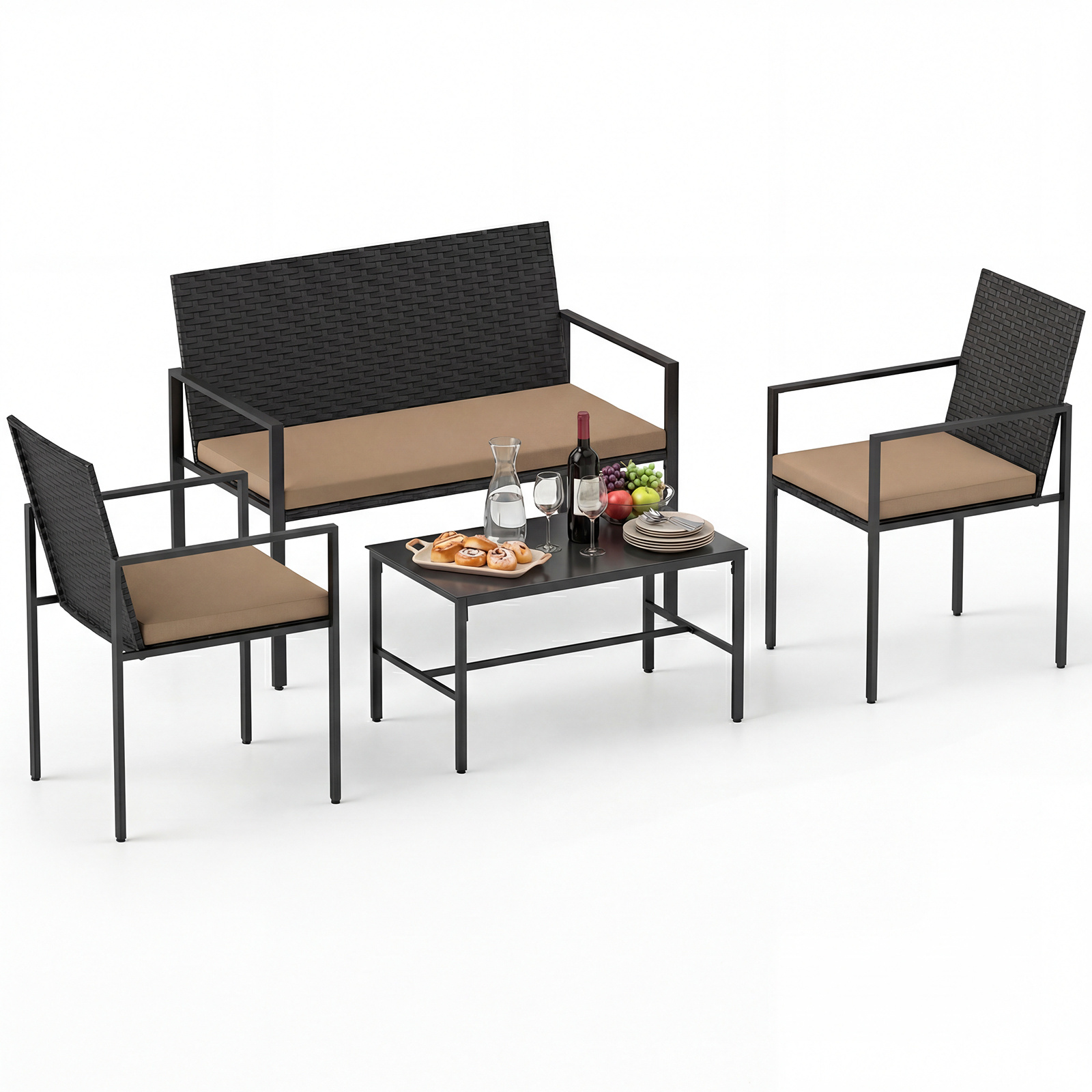 Set-di-salotto-da-giardino-a-4-pezzi-in-rattan-con-tavolino-da-caff-in-vetro-temperato-mediaId103784256-1773889047.jpg Costway Set di salotto da giardino a 4 pezzi in rattan con tavolino da caffè in vetro temperato, Poltrone da esterno per patio cortile Giallo - immagine 1