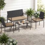 Costway Set di salotto da giardino a 4 pezzi in rattan con tavolino da caffè in vetro temperato, Poltrone da esterno per patio cortile Giallo - immagine 3