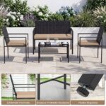Costway Set di salotto da giardino a 4 pezzi in rattan con tavolino da caffè in vetro temperato, Poltrone da esterno per patio cortile Giallo - immagine 10