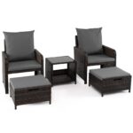 Costway Salotto da esterno 5 pezzi rattan tavolino vetro 2poltrone+2pouf cuscini morbidi, Set giardino terrazzo balcone piscina Grigio - immagine 4