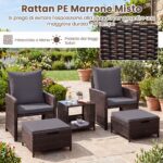 Costway Salotto da esterno 5 pezzi rattan tavolino vetro 2poltrone+2pouf cuscini morbidi, Set giardino terrazzo balcone piscina Grigio - immagine 8