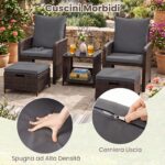 Costway Salotto da esterno 5 pezzi rattan tavolino vetro 2poltrone+2pouf cuscini morbidi, Set giardino terrazzo balcone piscina Grigio - immagine 10