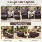 Costway Salotto da esterno 5 pezzi rattan tavolino vetro 2poltrone+2pouf cuscini morbidi, Set giardino terrazzo balcone piscina Grigio - immagine 6