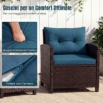 Costway Set mobili da esterno 3 pezzi con piano in vetro temperato, Set sedie e tavolo in rattan con morbidi cuscini Blu - immagine 7