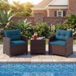 Costway Set mobili da esterno 3 pezzi con piano in vetro temperato, Set sedie e tavolo in rattan con morbidi cuscini Blu - immagine 4