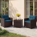 Costway Set mobili da esterno 3 pezzi con piano in vetro temperato, Set sedie e tavolo in rattan con morbidi cuscini Blu - immagine 3