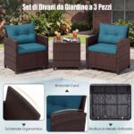 Costway Set mobili da esterno 3 pezzi con piano in vetro temperato, Set sedie e tavolo in rattan con morbidi cuscini Blu - immagine 8