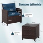 Costway Set mobili da esterno 3 pezzi con piano in vetro temperato, Set sedie e tavolo in rattan con morbidi cuscini Blu - immagine 5