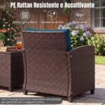 Costway Set mobili da esterno 3 pezzi con piano in vetro temperato, Set sedie e tavolo in rattan con morbidi cuscini Blu - immagine 9