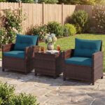 Costway Set mobili da esterno 3 pezzi con piano in vetro temperato, Set sedie e tavolo in rattan con morbidi cuscini Blu - immagine 2