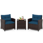Costway Set mobili da esterno 3 pezzi con piano in vetro temperato, Set sedie e tavolo in rattan con morbidi cuscini Blu