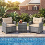 Costway Set mobili da esterno 3 pezzi con vetro temperato morbidi cuscini, Set sedie e tavolo in rattan per balcone veranda e giardino Giallo - immagine 3