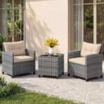 Costway Set mobili da esterno 3 pezzi con vetro temperato morbidi cuscini, Set sedie e tavolo in rattan per balcone veranda e giardino Giallo - immagine 4