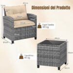 Costway Set mobili da esterno 3 pezzi con vetro temperato morbidi cuscini, Set sedie e tavolo in rattan per balcone veranda e giardino Giallo - immagine 5