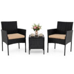 Costway Set mobili da giardino 3 pezzi in rattan con tavolino vetro temperato e 2 poltrone, Arredamento esterno per patio balcone e piscina Giallo