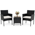 Costway Set mobili da giardino 3 pezzi in rattan con tavolino vetro temperato e 2 poltrone, Arredamento esterno per patio balcone e piscina Beige