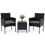 Costway Set mobili da giardino 3 pezzi in rattan con tavolino vetro temperato e 2 poltrone, Arredamento esterno per patio balcone e piscina Grigio