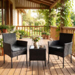 Costway Set mobili da giardino 3 pezzi in rattan con tavolino vetro temperato e 2 poltrone, Arredamento esterno per patio balcone e piscina Nero - immagine 2