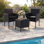 Costway Set mobili da giardino 3 pezzi in rattan con tavolino vetro temperato e 2 poltrone, Arredamento esterno per patio balcone e piscina Nero - immagine 4
