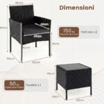 Costway Set mobili da giardino 3 pezzi in rattan con tavolino vetro temperato e 2 poltrone, Arredamento esterno per patio balcone e piscina Nero - immagine 5