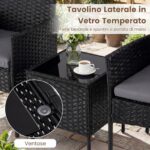 Costway Set mobili da giardino 3 pezzi in rattan con tavolino vetro temperato e 2 poltrone, Arredamento esterno per patio balcone e piscina Grigio - immagine 6