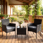 Costway Set mobili da giardino 3 pezzi in rattan con tavolino vetro temperato e 2 poltrone, Arredamento esterno per patio balcone e piscina Grigio - immagine 2