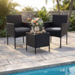 Costway Set mobili da giardino 3 pezzi in rattan con tavolino vetro temperato e 2 poltrone, Arredamento esterno per patio balcone e piscina Grigio - immagine 4