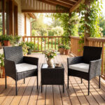 Costway Set mobili da giardino 3 pezzi in rattan con tavolino vetro temperato e 2 poltrone, Arredamento esterno per patio balcone e piscina Beige - immagine 2