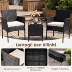 Costway Set mobili da giardino 3 pezzi in rattan con tavolino vetro temperato e 2 poltrone, Arredamento esterno per patio balcone e piscina Beige - immagine 6