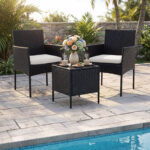 Costway Set mobili da giardino 3 pezzi in rattan con tavolino vetro temperato e 2 poltrone, Arredamento esterno per patio balcone e piscina Beige - immagine 4