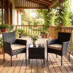 Costway Set mobili da giardino 3 pezzi in rattan con tavolino vetro temperato e 2 poltrone, Arredamento esterno per patio balcone e piscina Giallo - immagine 2