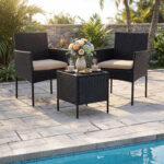 Costway Set mobili da giardino 3 pezzi in rattan con tavolino vetro temperato e 2 poltrone, Arredamento esterno per patio balcone e piscina Giallo - immagine 4