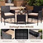 Costway Set mobili da giardino 3 pezzi in rattan con tavolino vetro temperato e 2 poltrone, Arredamento esterno per patio balcone e piscina Giallo - immagine 9