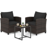Costway Set mobili da giardino a 3 pezzi con 2 poltrone e 1 tavolino in vetro temperato, Salotto da esterno in rattan PE Nero